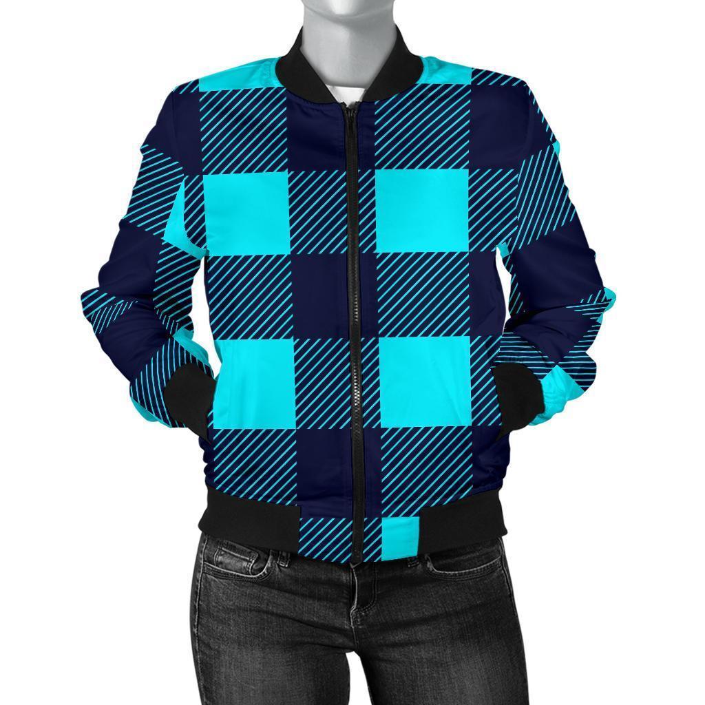 Lumberjack Blue Pattern Print Women Casual Bomber Jacket-grizzshop