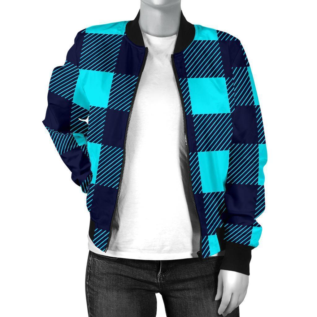 Lumberjack Blue Pattern Print Women Casual Bomber Jacket-grizzshop