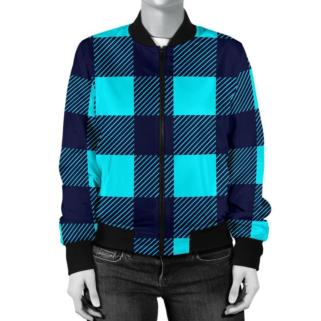 Lumberjack Blue Pattern Print Women Casual Bomber Jacket-grizzshop
