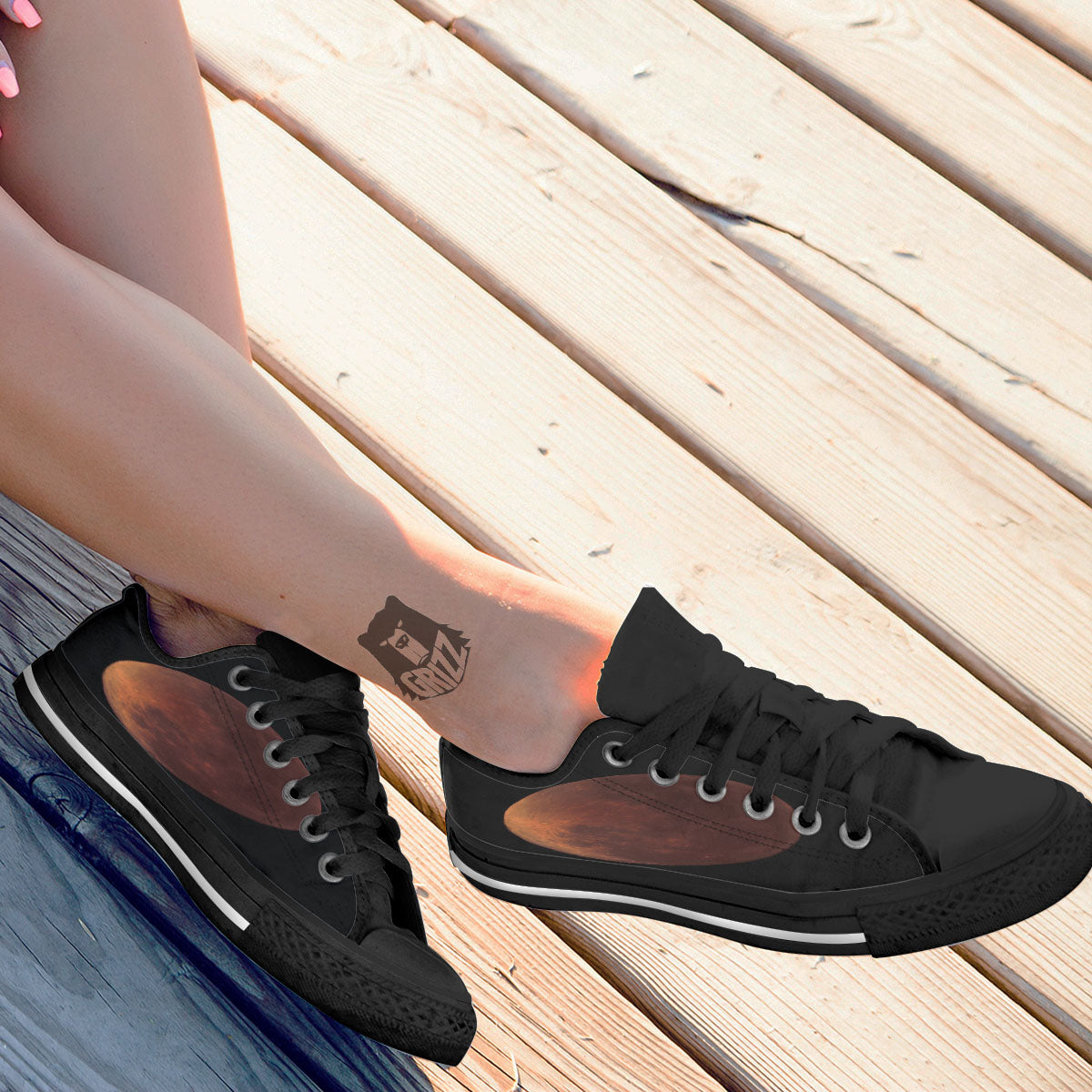 Lunar Cycle Eclipse Print Black Low Top Shoes-grizzshop