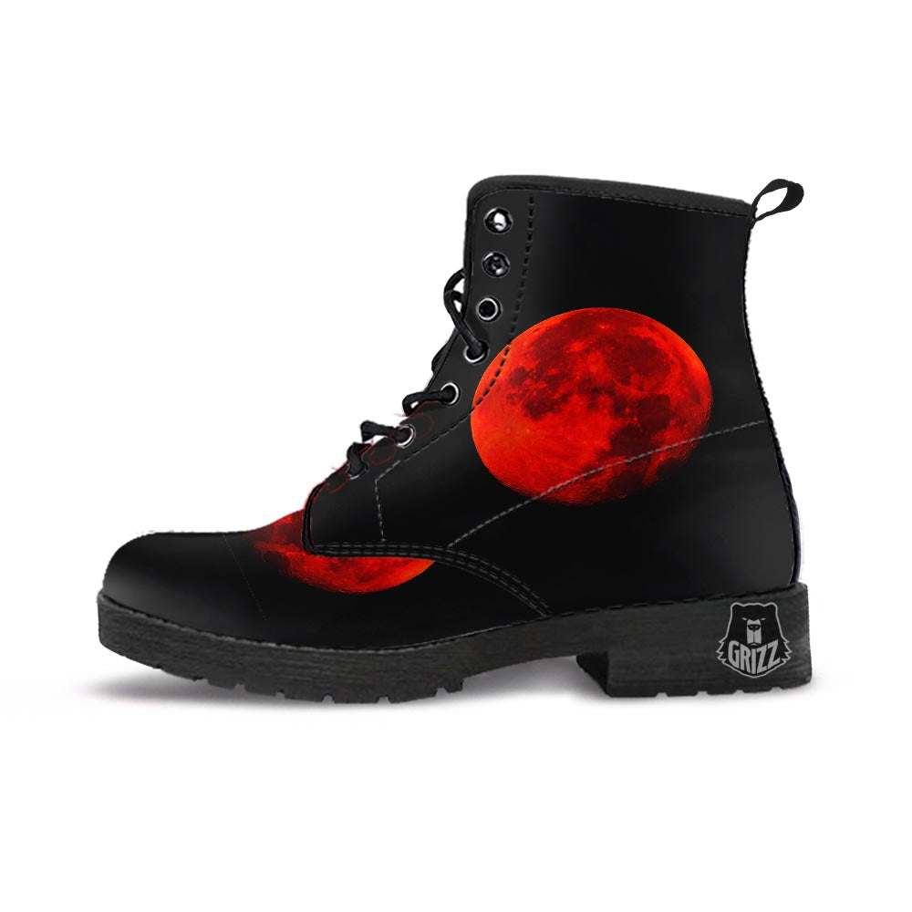 Lunar Eclipse Super Blood Moon Print Leather Boots-grizzshop