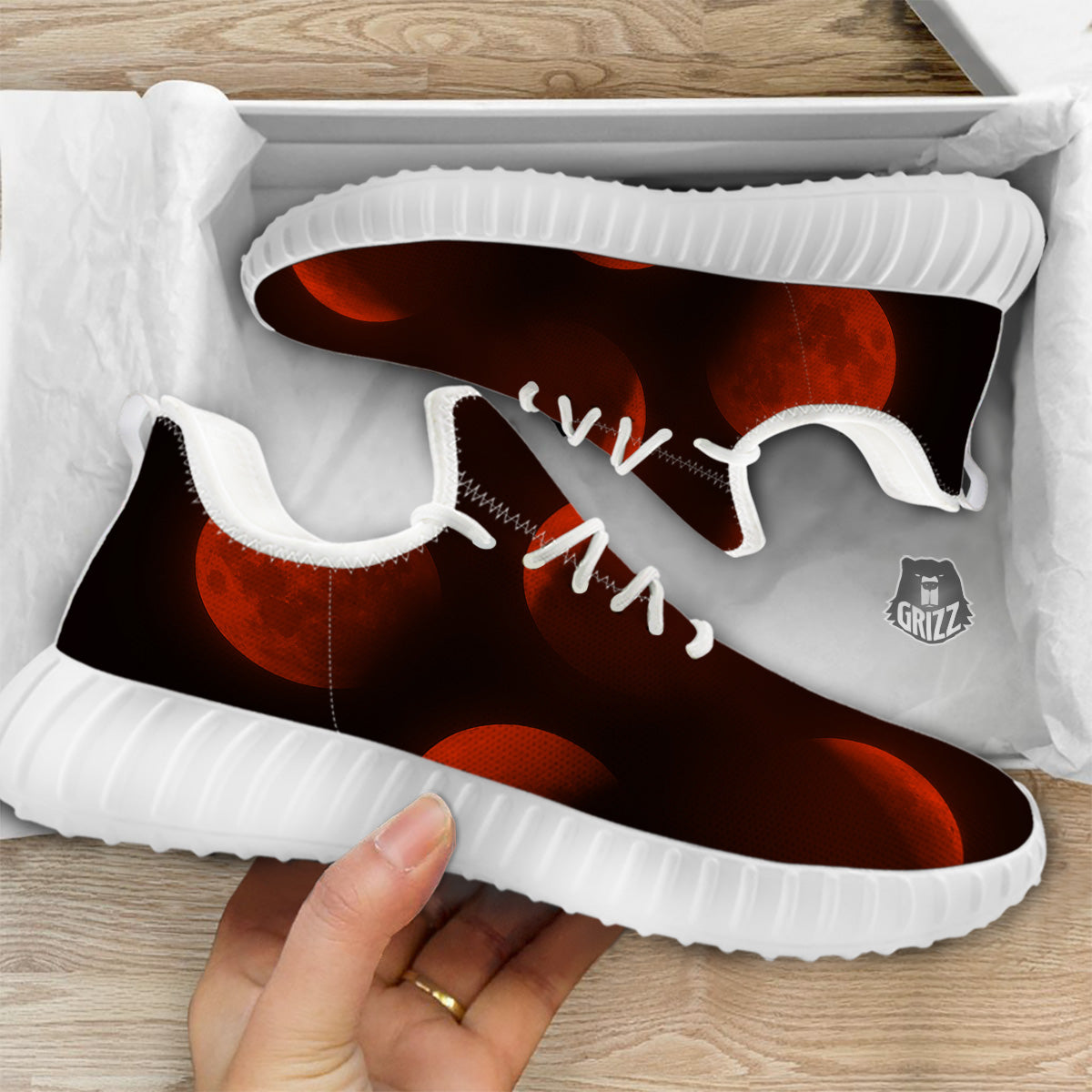 Lunar Phase Blood Moon Print White Walking Shoes-grizzshop