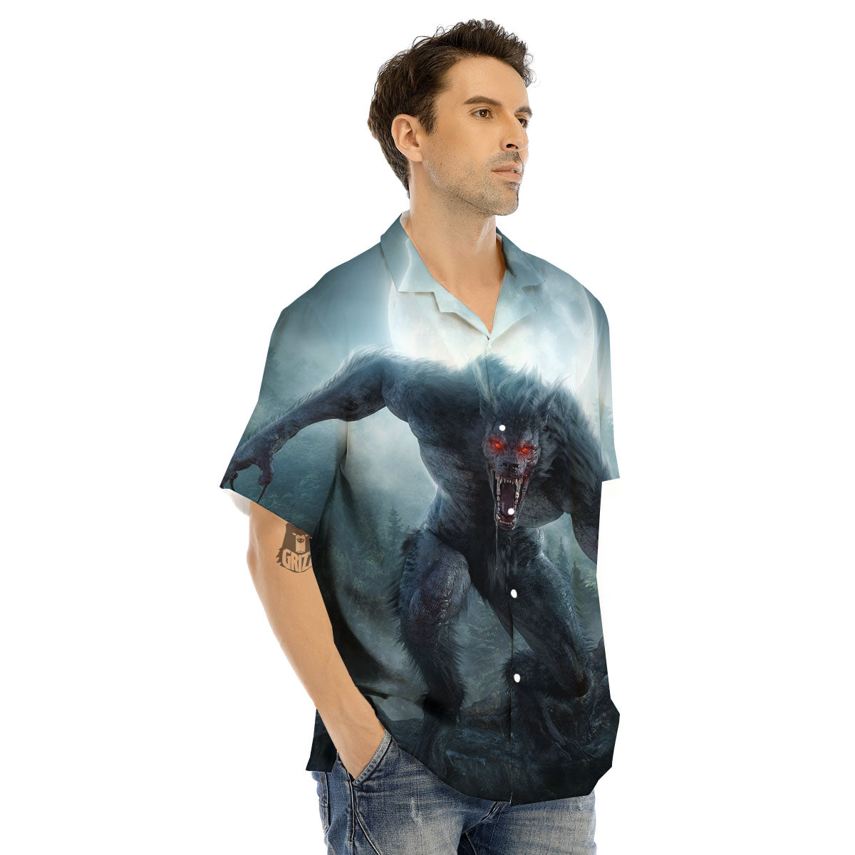 Lycan werewolf And Full Moon Print Men's Hawaiian Shirt-grizzshop