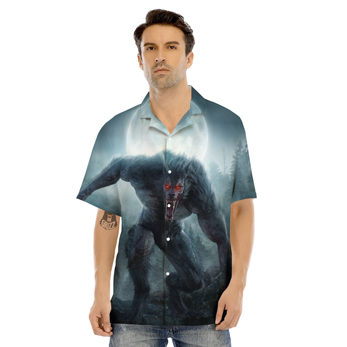Lycan werewolf And Full Moon Print Men's Hawaiian Shirt-grizzshop