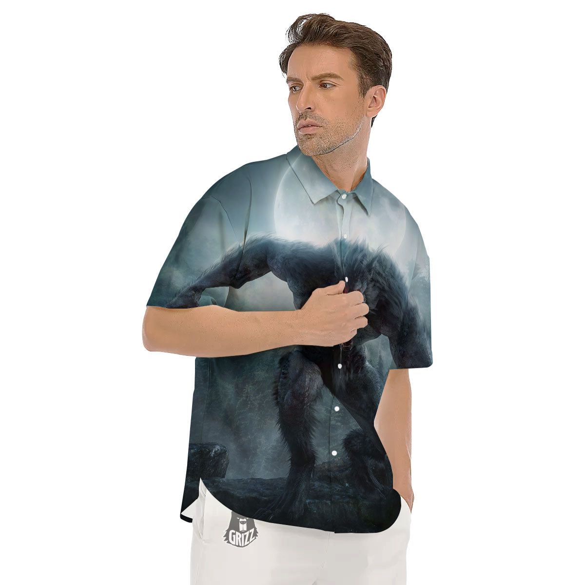 Lycan werewolf And Full Moon Print Men's Short Sleeve Shirts-grizzshop