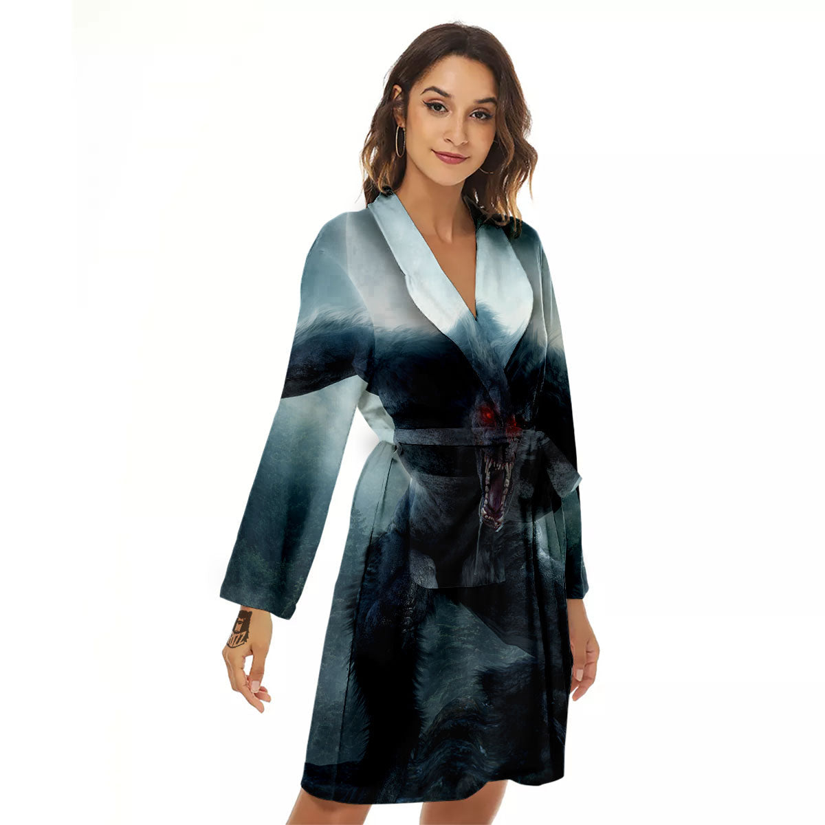 Lycan werewolf And Full Moon Print Women's Robe-grizzshop
