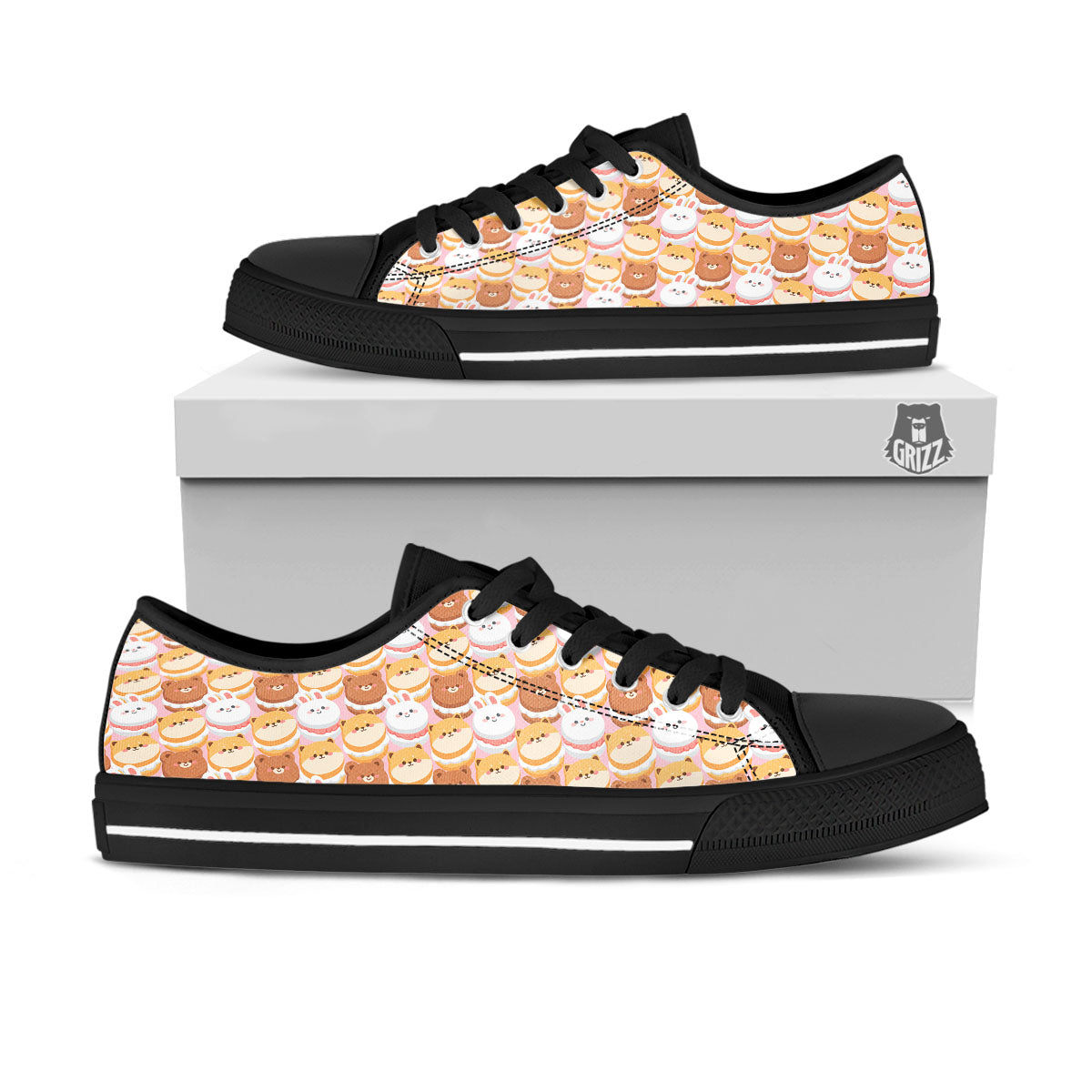 Macaron Cartoon Print Pattern Black Low Top Shoes-grizzshop