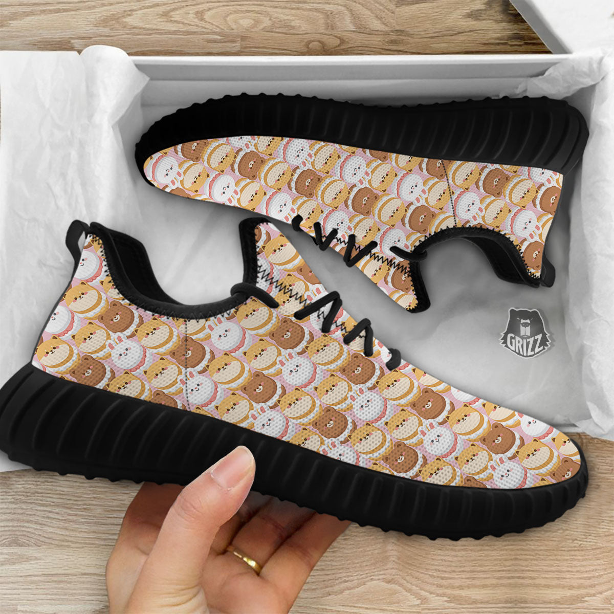 Macaron Cartoon Print Pattern Black Walking Shoes-grizzshop