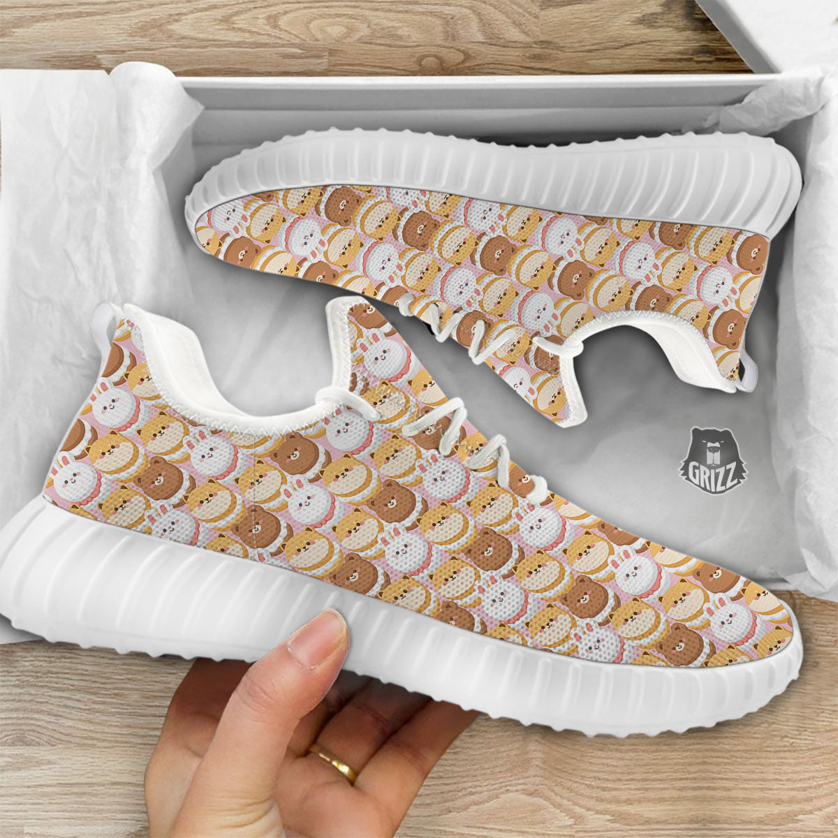 Macaron Cartoon Print Pattern White Walking Shoes-grizzshop