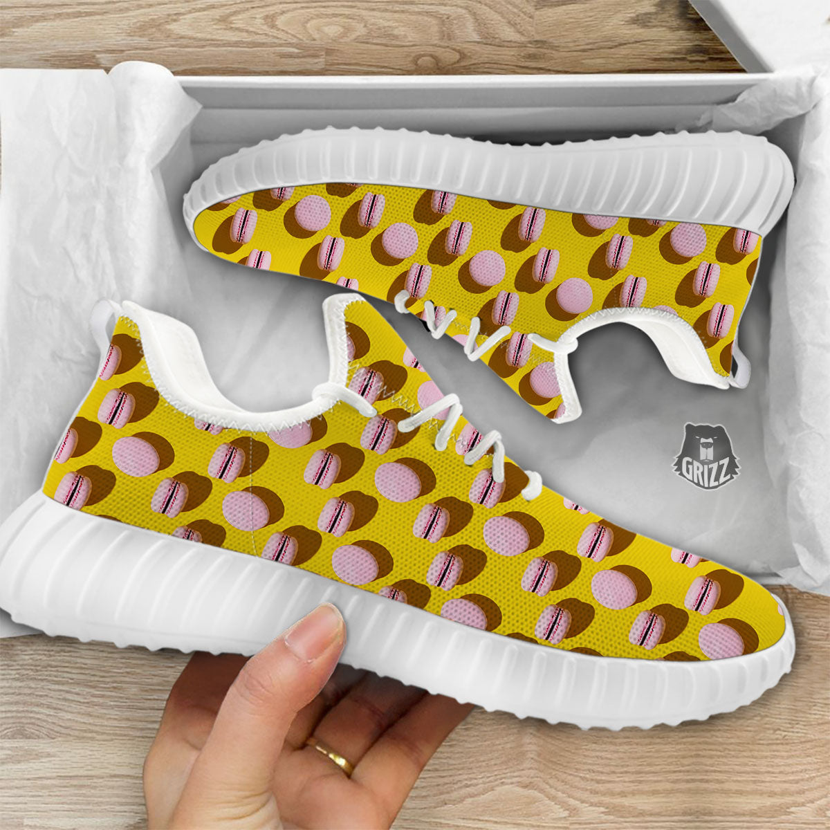 Macaron Yellow And Pink Print Pattern White Walking Shoes-grizzshop