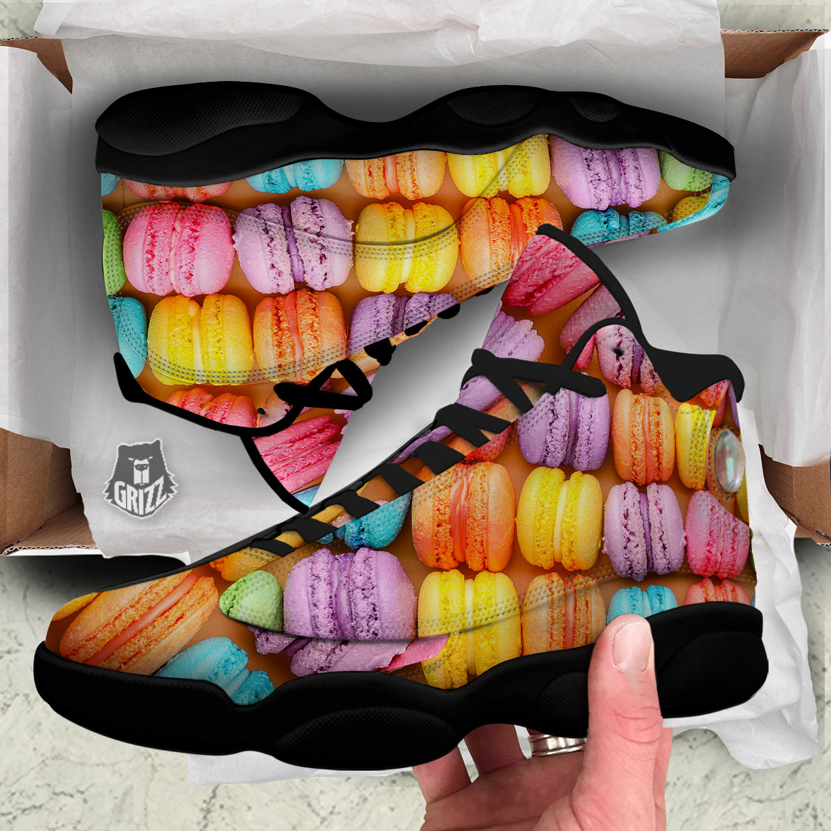 Macarons Colorful Print Black Basketball Shoes-grizzshop