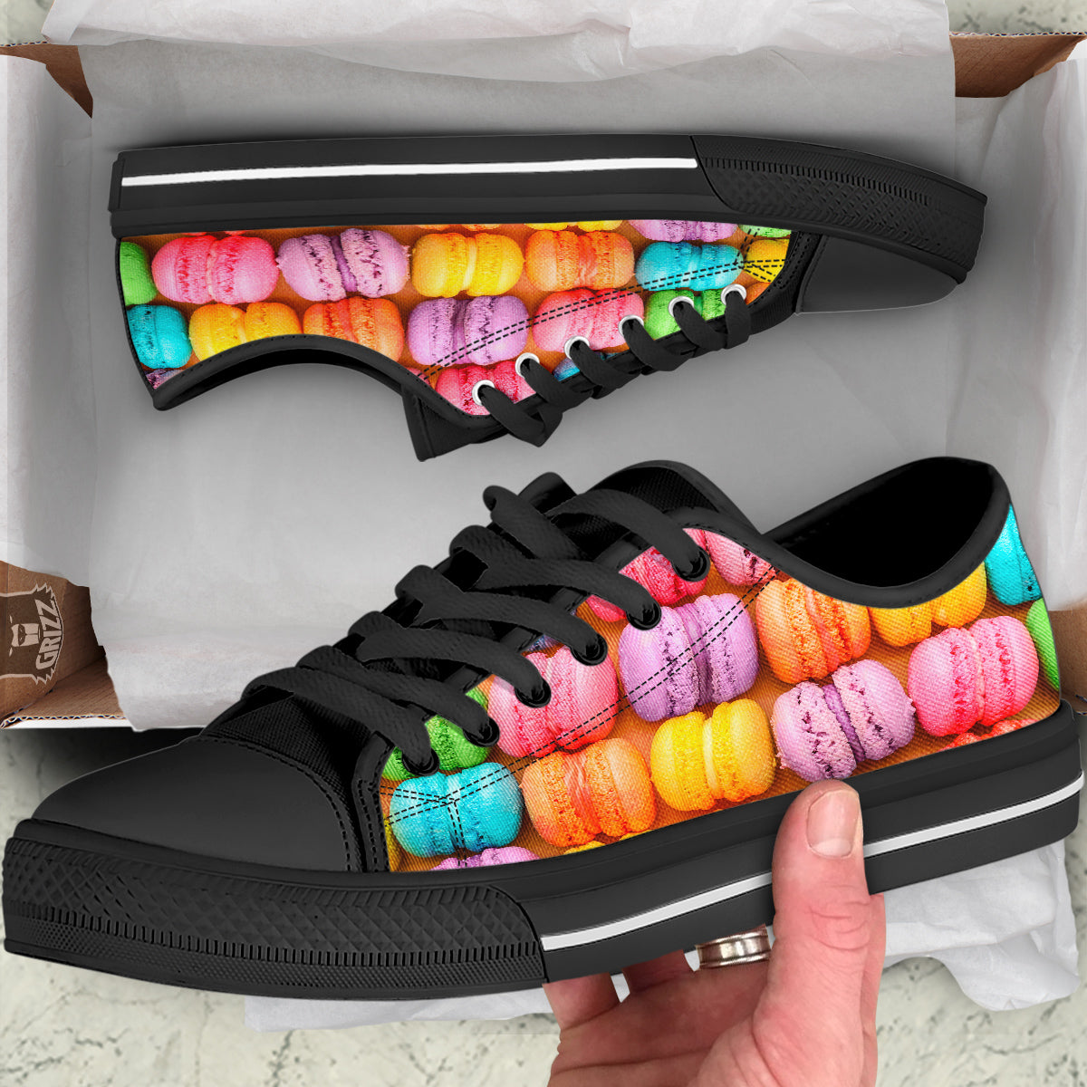Macarons Colorful Print Black Low Top Shoes-grizzshop
