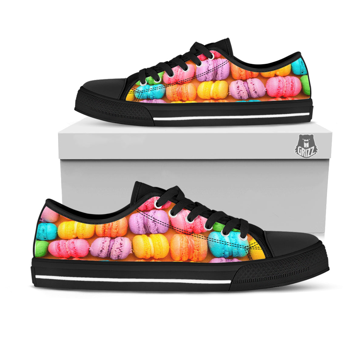 Macarons Colorful Print Black Low Top Shoes-grizzshop