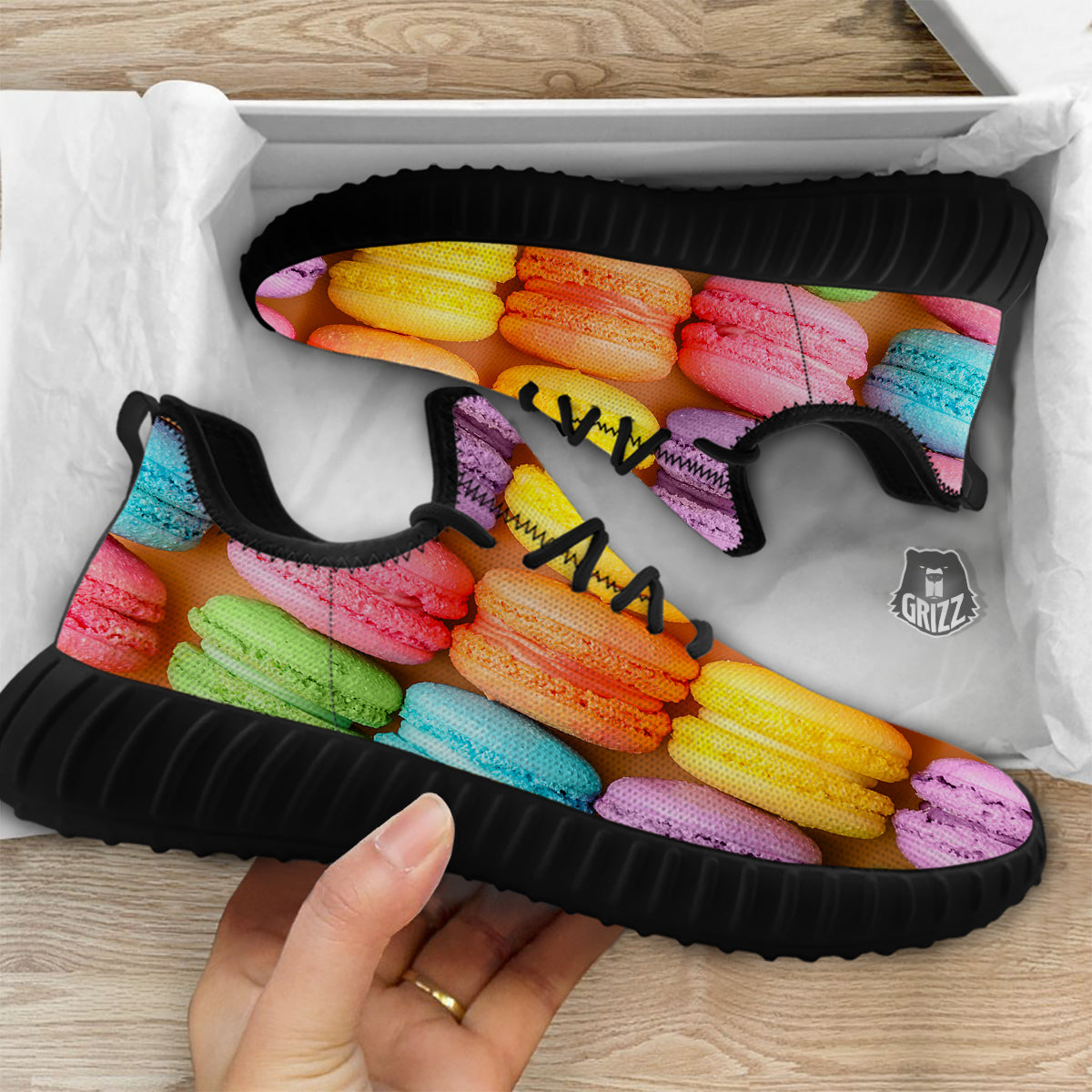 Macarons Colorful Print Black Walking Shoes-grizzshop