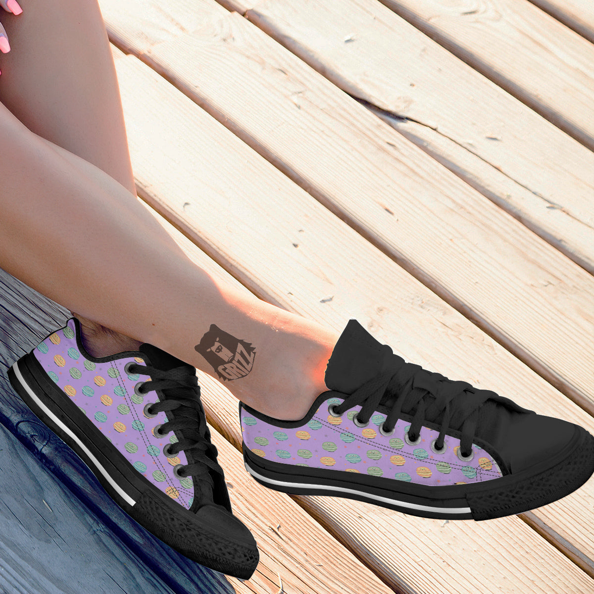 Macarons Cute Print Pattern Black Low Top Shoes-grizzshop