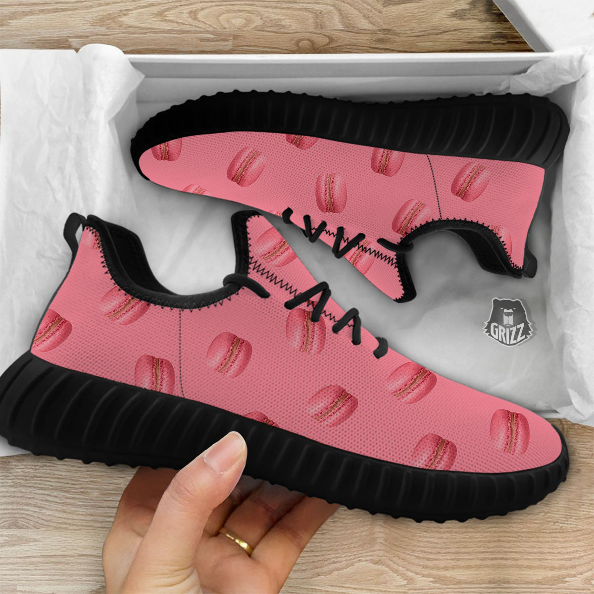 Macarons Pink Print Pattern Black Walking Shoes-grizzshop
