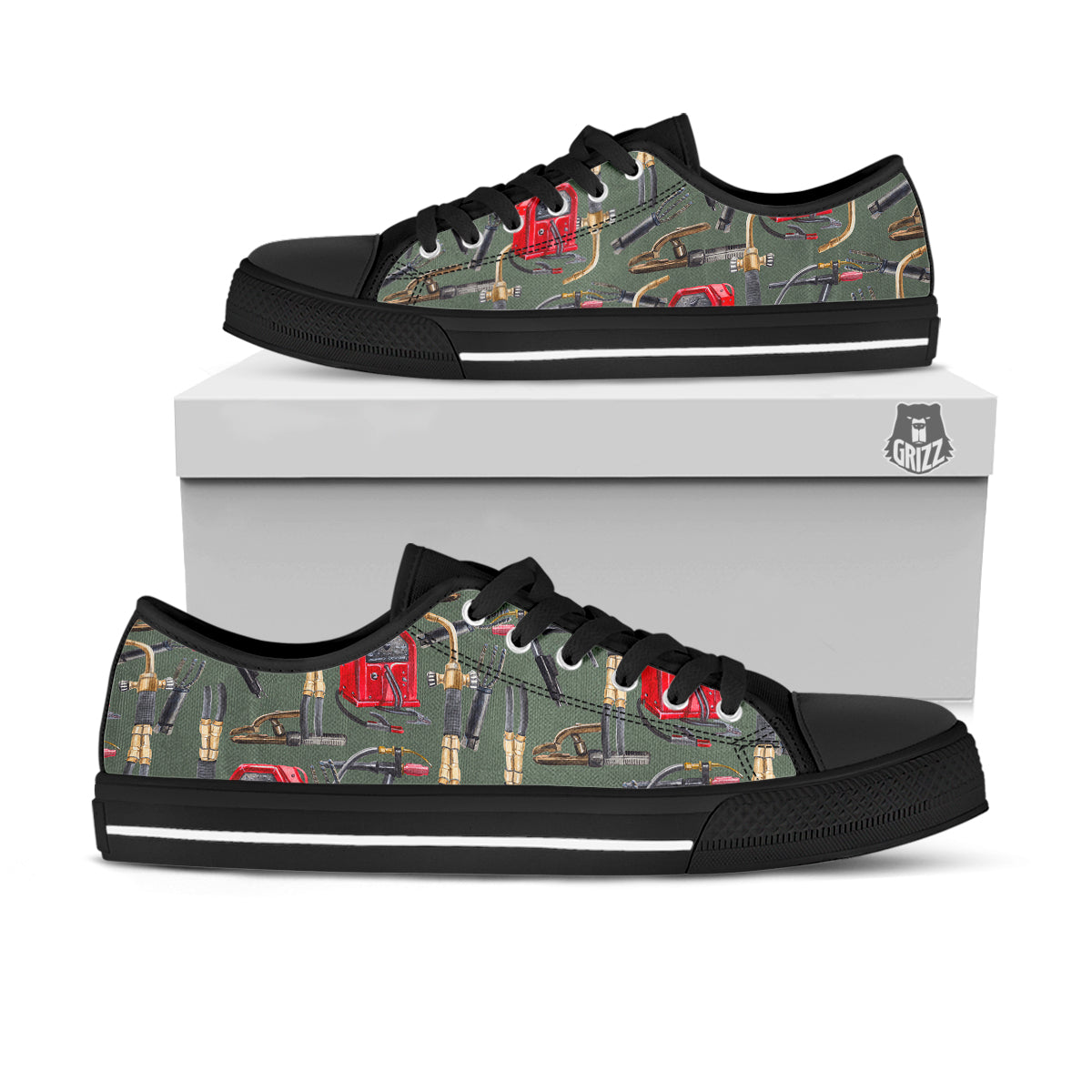 Machine Welding Print Pattern Black Low Top Shoes-grizzshop