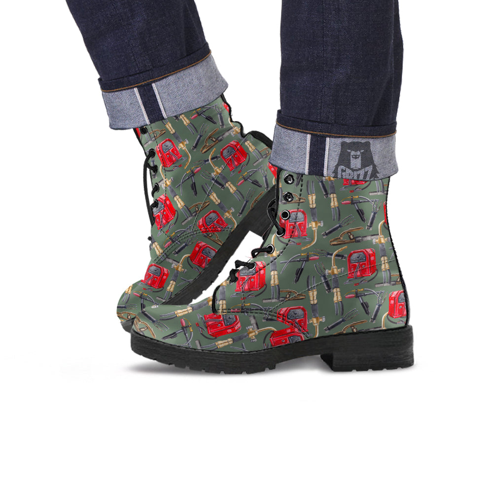 Machine Welding Print Pattern Leather Boots-grizzshop