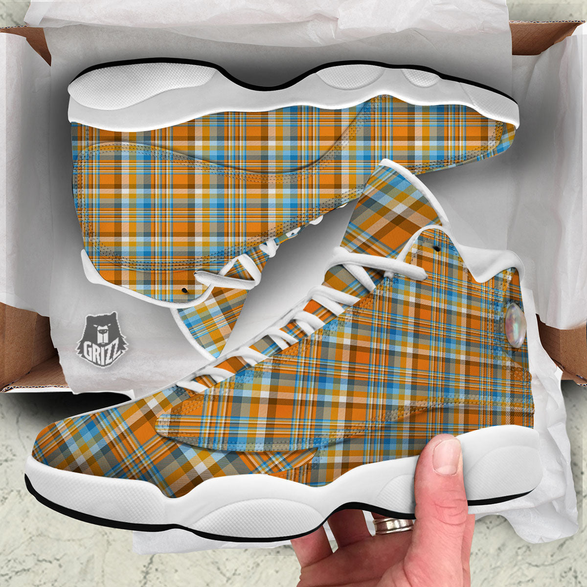 Madras Blue And Orange Print Pattern White Basketball Shoes-grizzshop