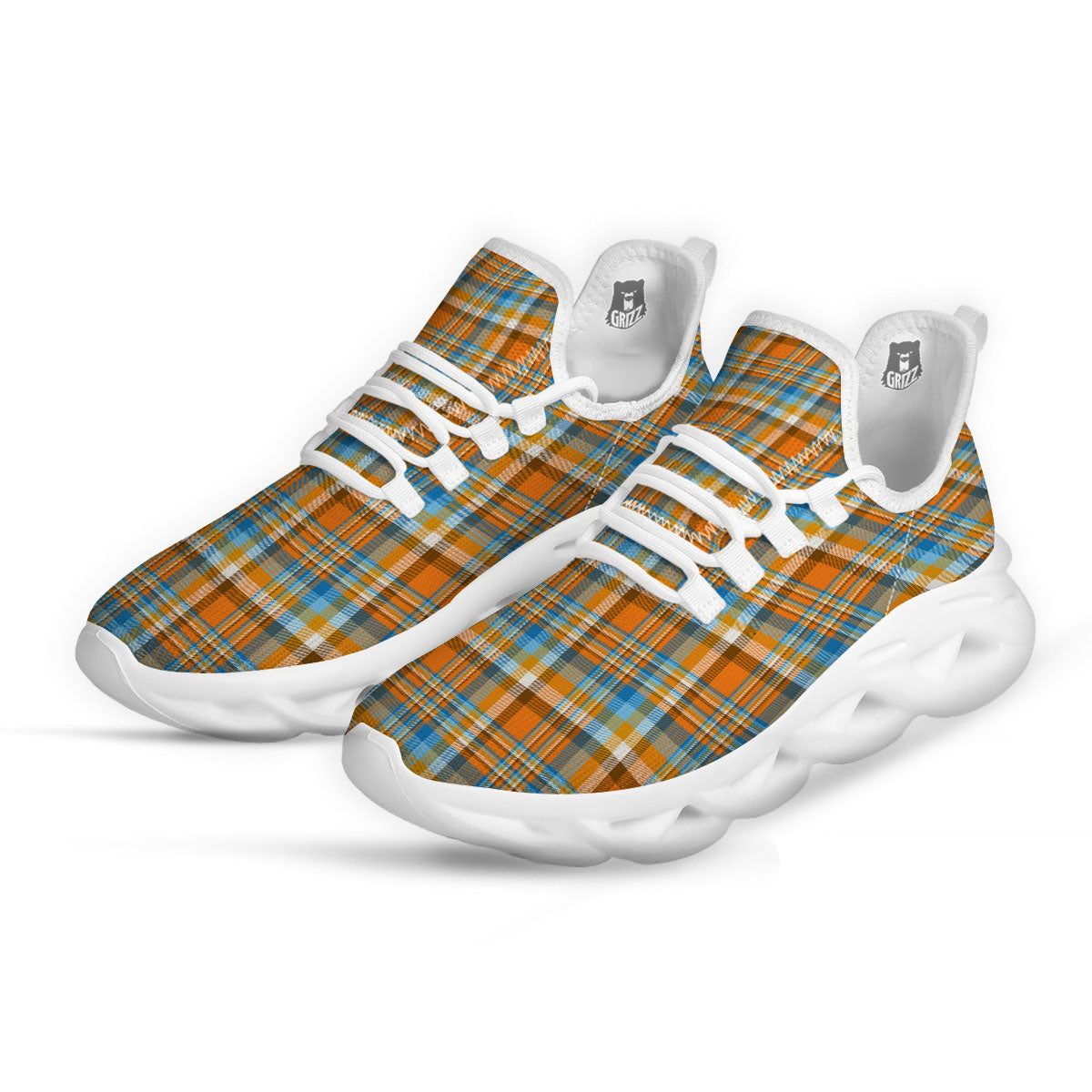 Madras Blue And Orange Print Pattern White Running Shoes-grizzshop