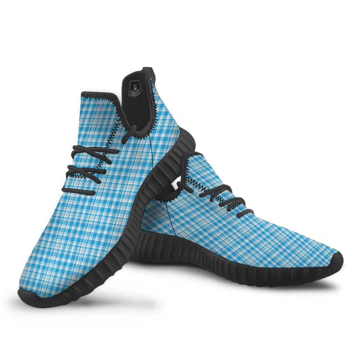 Madras Blue Print Pattern Black Walking Shoes-grizzshop