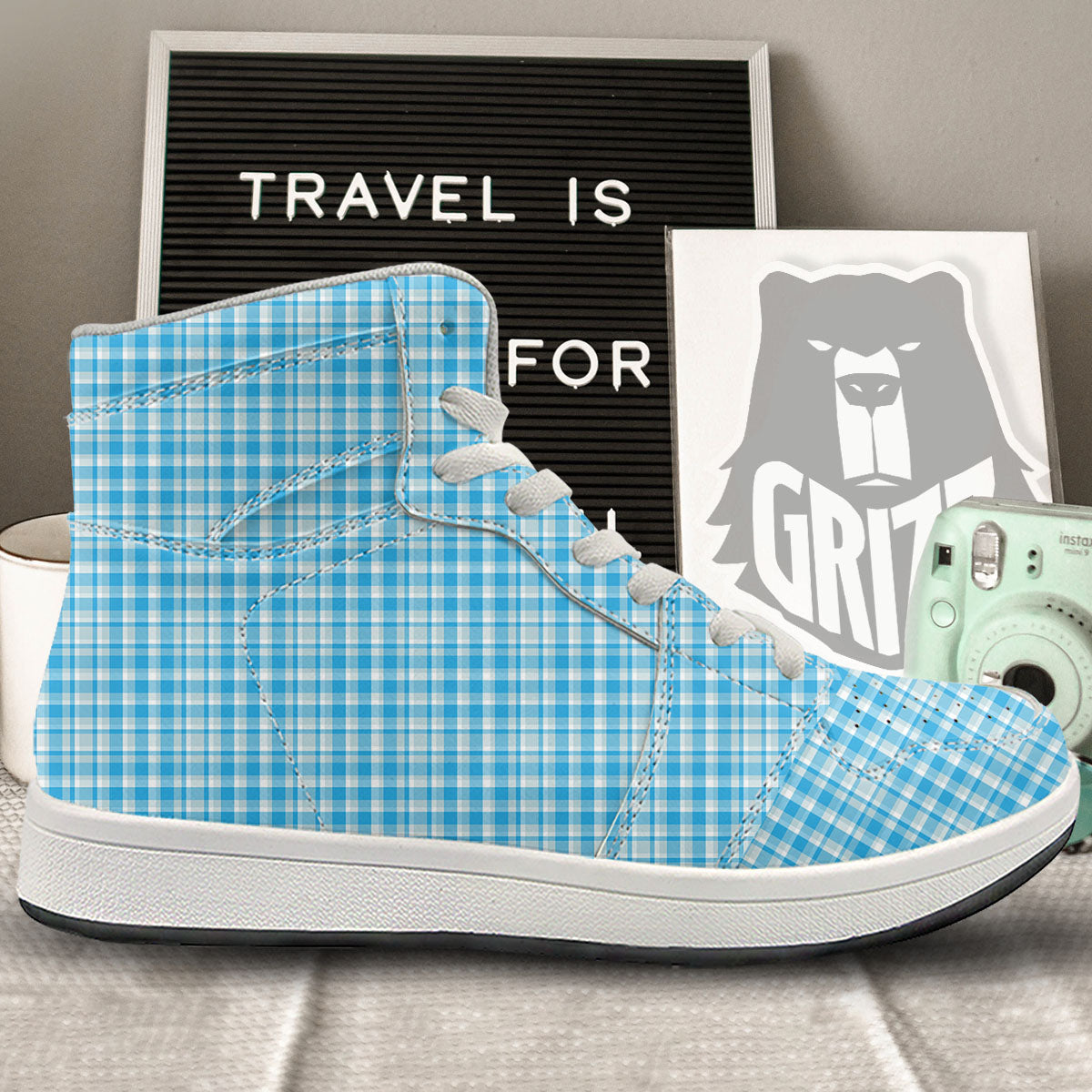 Madras Blue Print Pattern High Top Sneakers-grizzshop