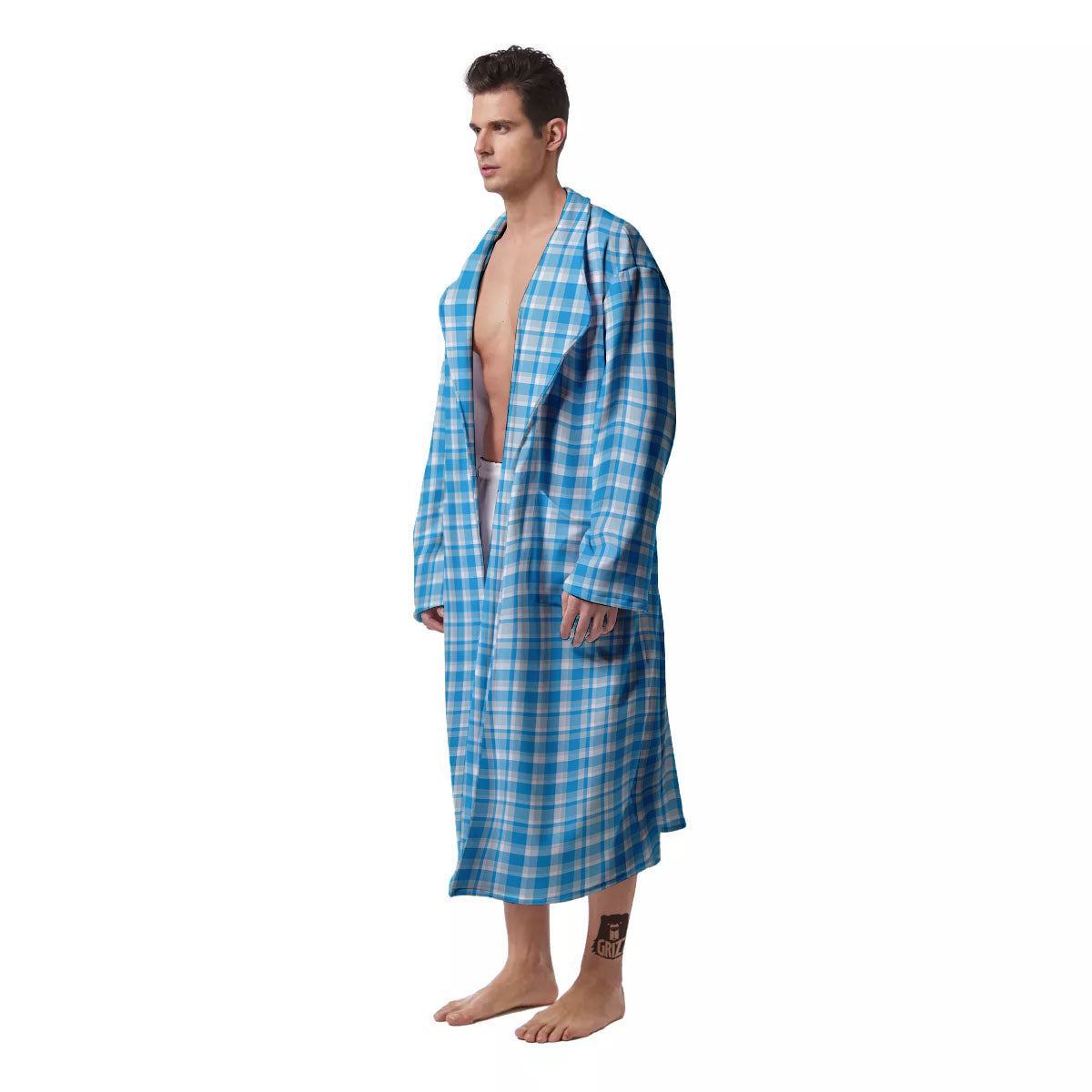 Madras Blue Print Pattern Men's Robe-grizzshop