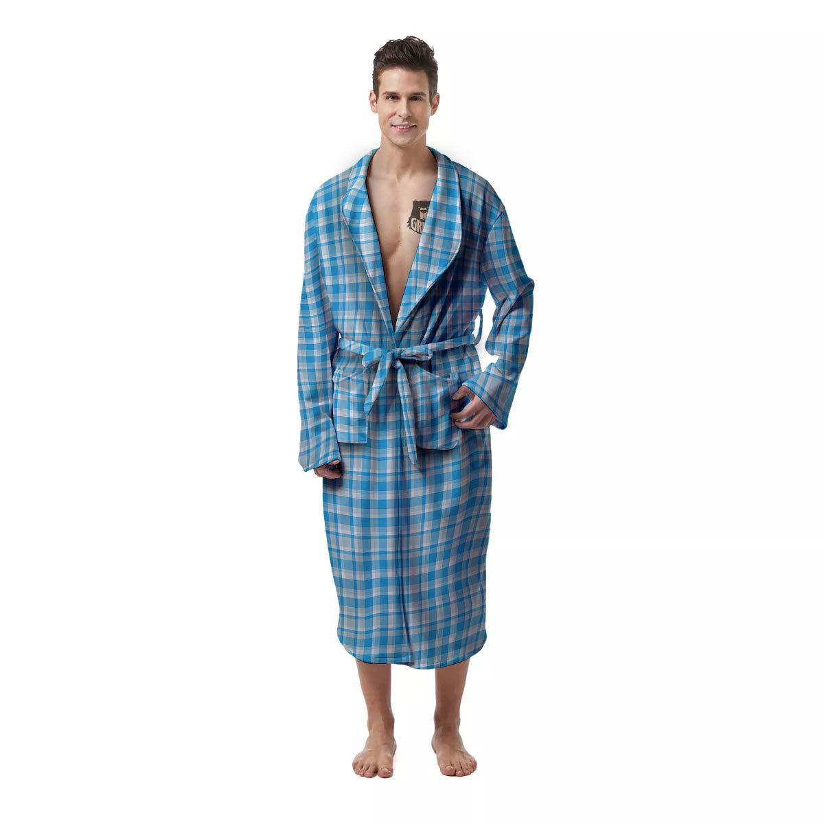 Madras Blue Print Pattern Men's Robe-grizzshop