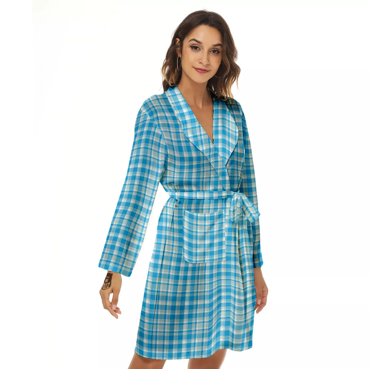 Madras Blue Print Pattern Women's Robe-grizzshop