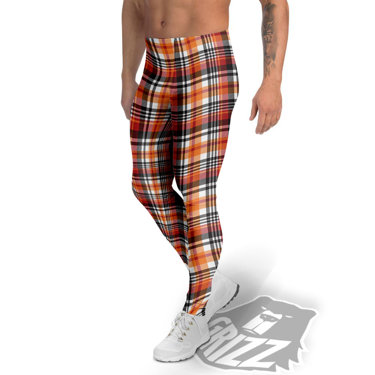 Madras Plaid Black And Orange Print Pattern Men's Leggings-grizzshop