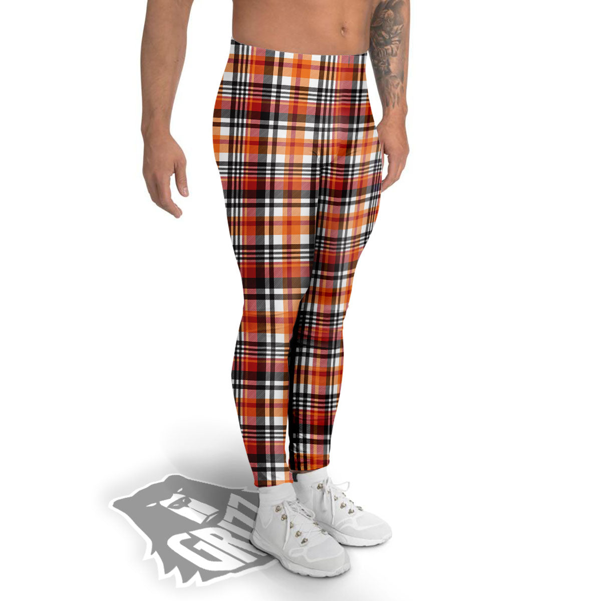 Madras Plaid Black And Orange Print Pattern Men's Leggings-grizzshop
