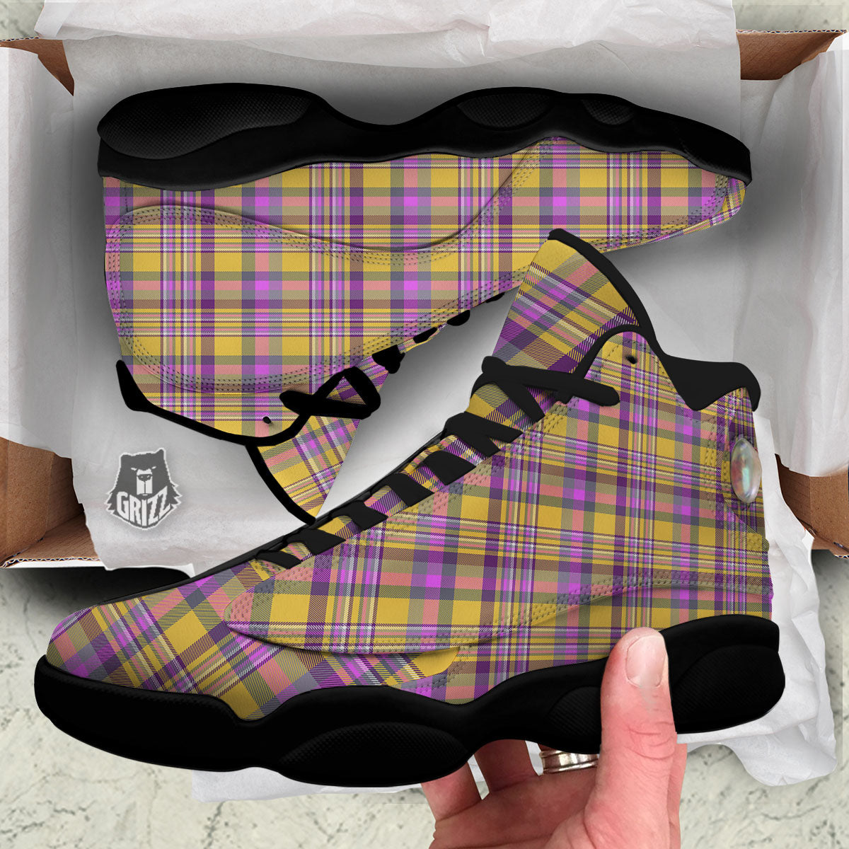 Madras Plaid Orange And Purple Print Pattern Black Basketball Shoes-grizzshop