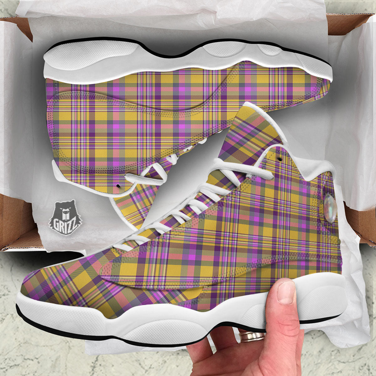 Madras Plaid Orange And Purple Print Pattern White Basketball Shoes-grizzshop