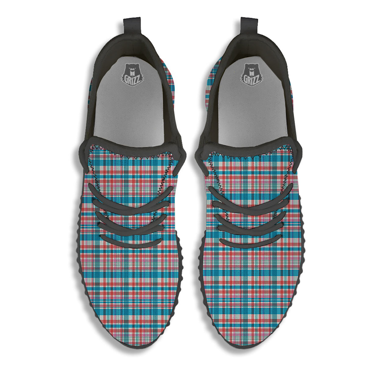 Madras Red And Blue Print Pattern Black Walking Shoes-grizzshop