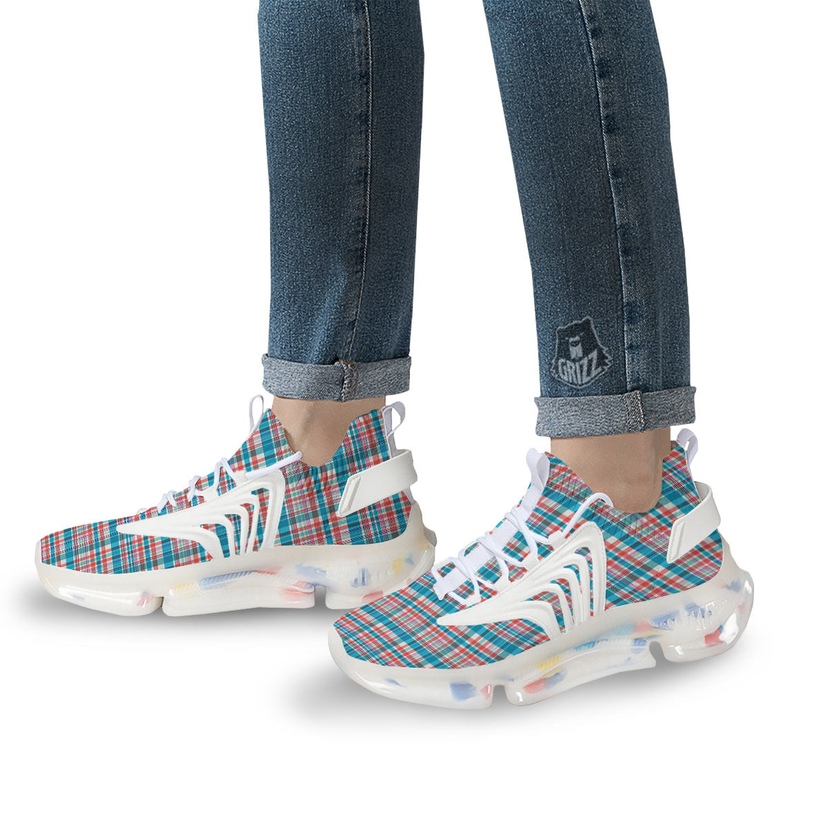 Madras Red And Blue Print Pattern White Gym Shoes-grizzshop