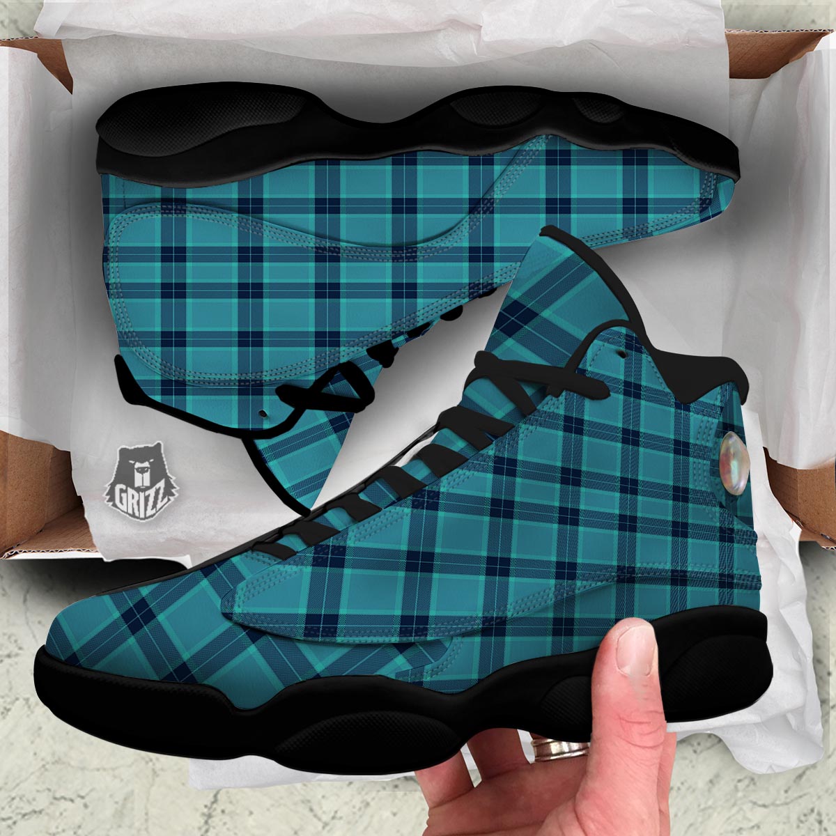 Madras Teal Print Pattern Black Basketball Shoes-grizzshop