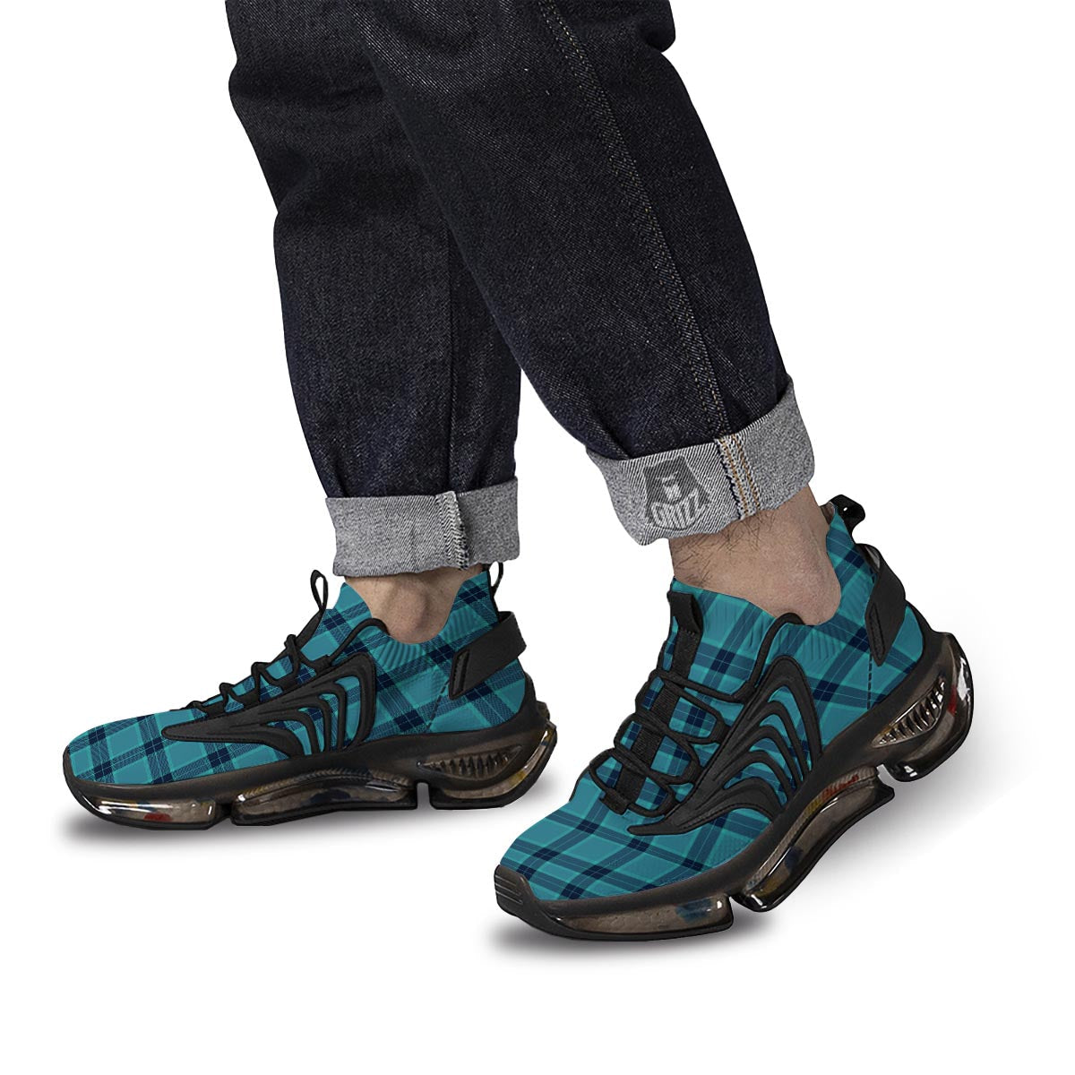 Madras Teal Print Pattern Black Gym Shoes-grizzshop