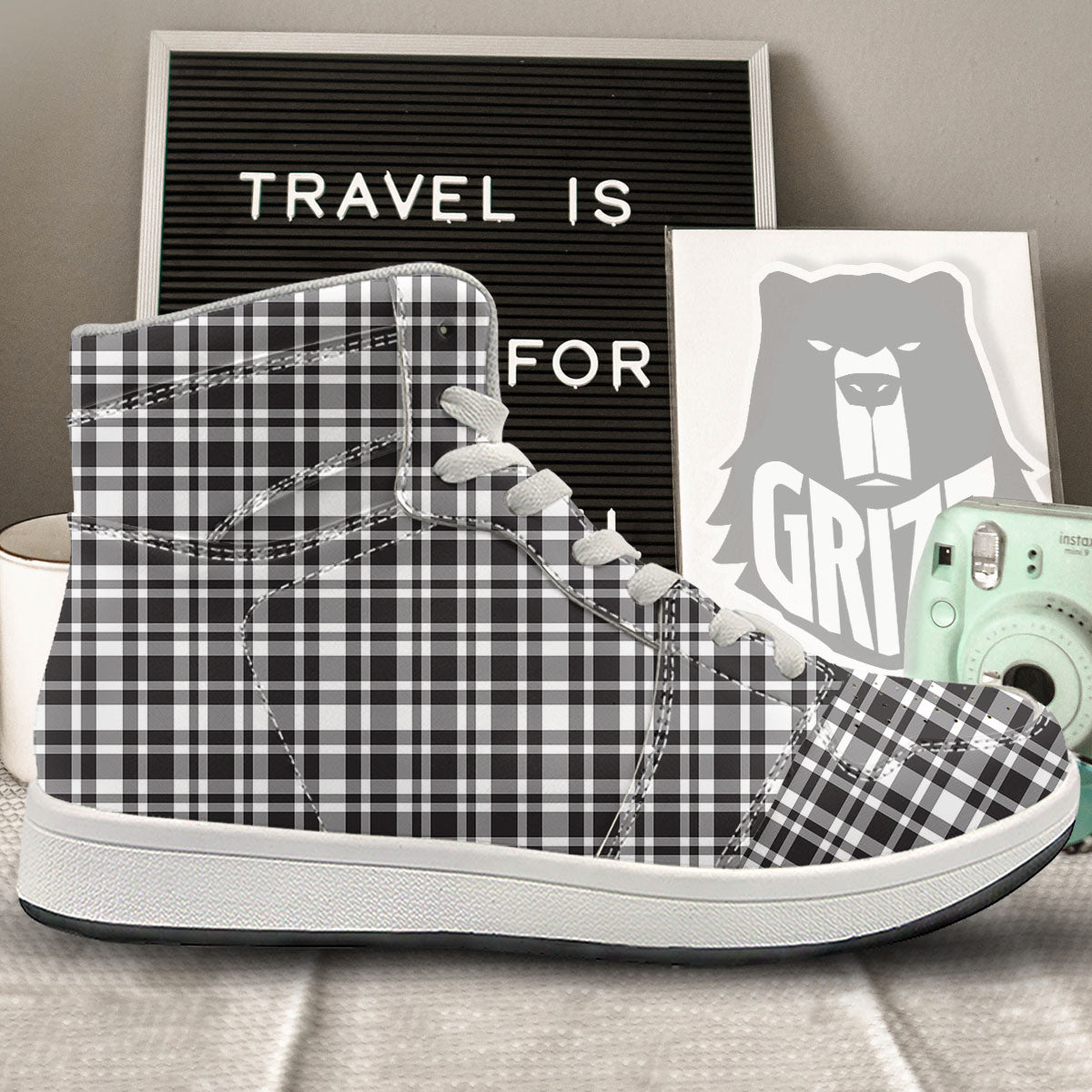 Madras White And Black Print Pattern High Top Sneakers-grizzshop