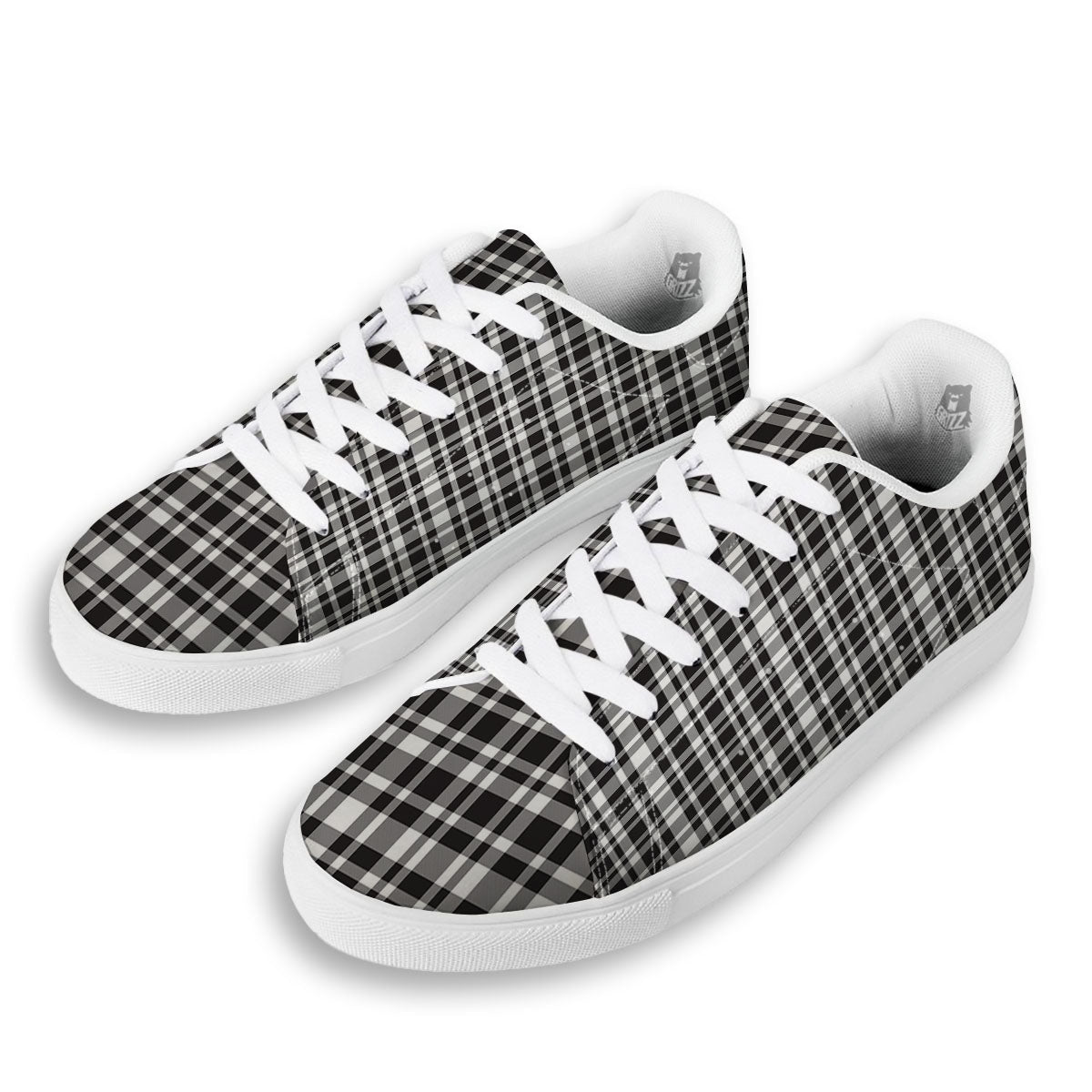 Madras White And Black Print Pattern White Low Top Sneakers-grizzshop