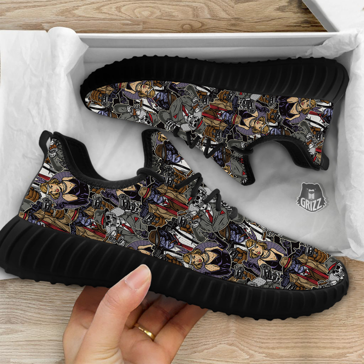 Mafia And Gangsters Print Pattern Black Walking Shoes-grizzshop