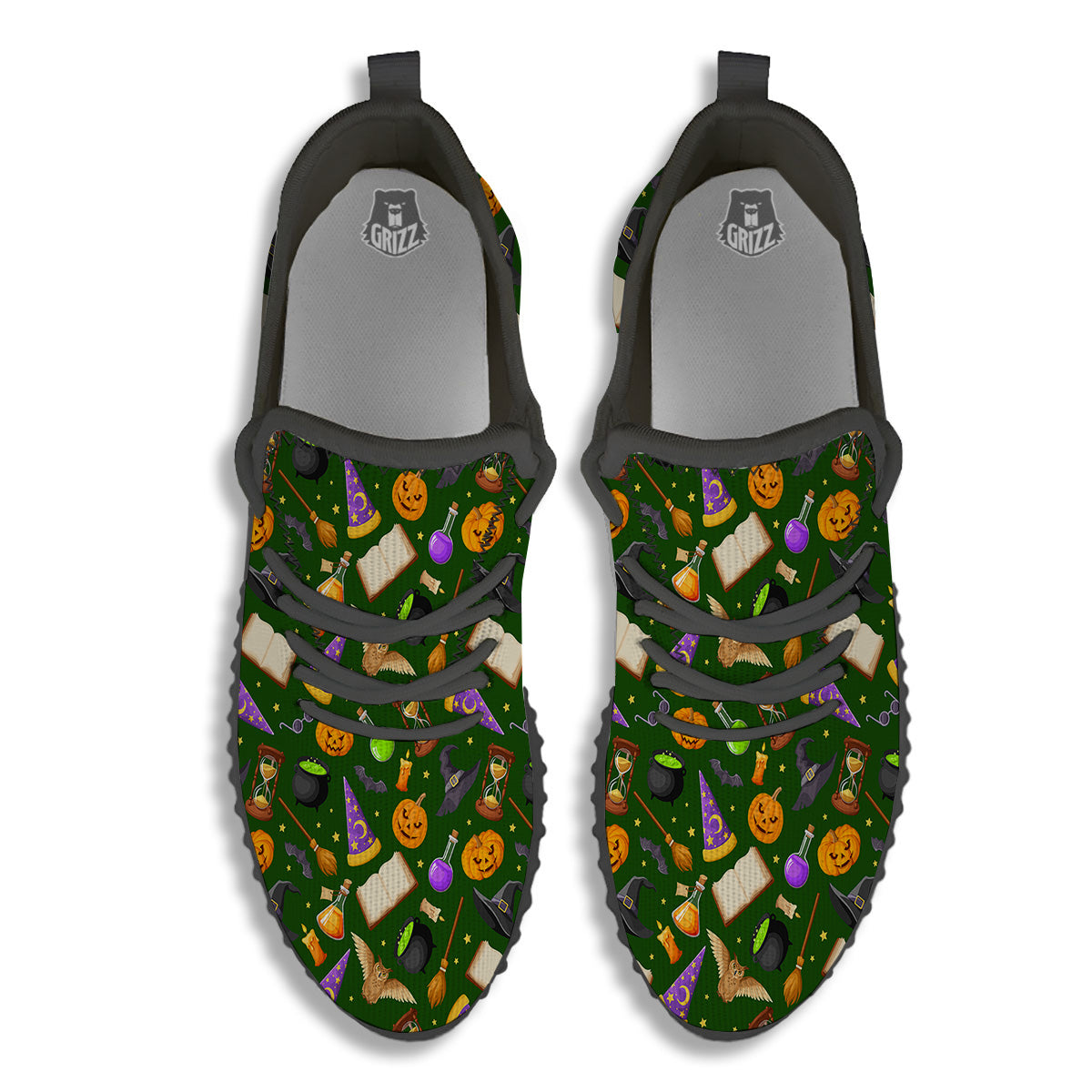 Magical Symbols And Green Print Pattern Black Walking Shoes-grizzshop