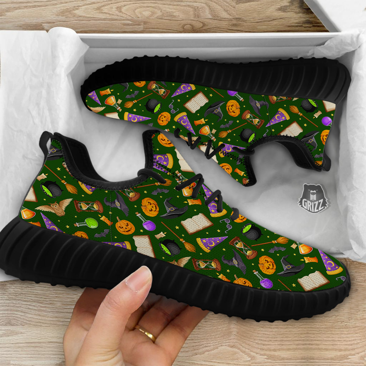 Magical Symbols And Green Print Pattern Black Walking Shoes-grizzshop