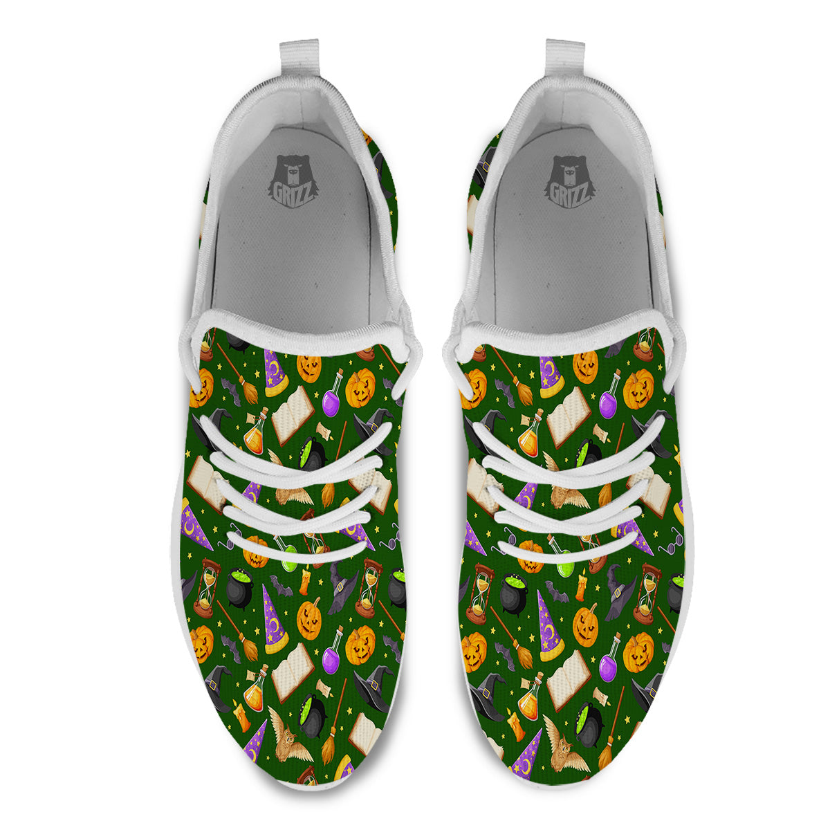 Magical Symbols And Green Print Pattern White Athletic Shoes-grizzshop