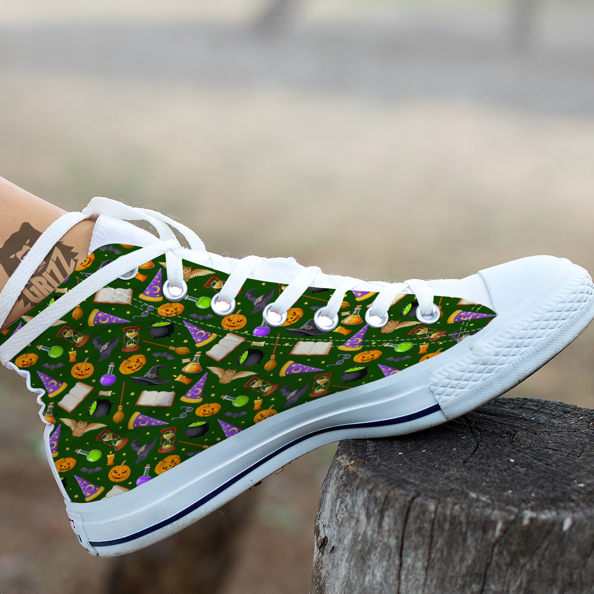 Magical Symbols And Green Print Pattern White High Top Shoes-grizzshop