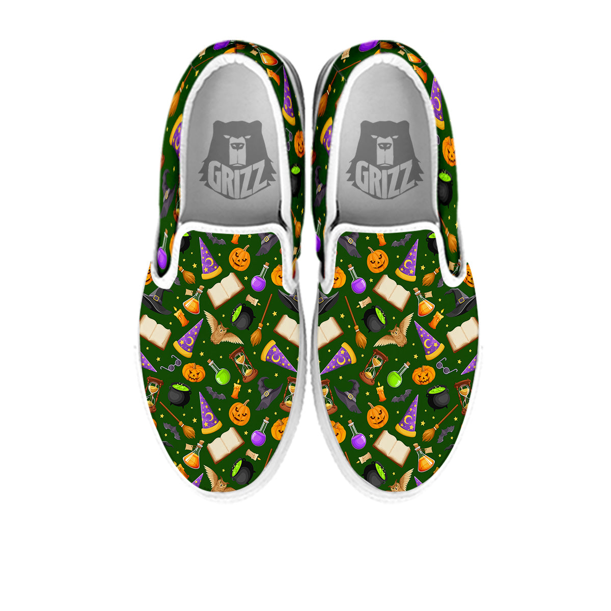 Magical Symbols And Green Print Pattern White Slip On Shoes-grizzshop