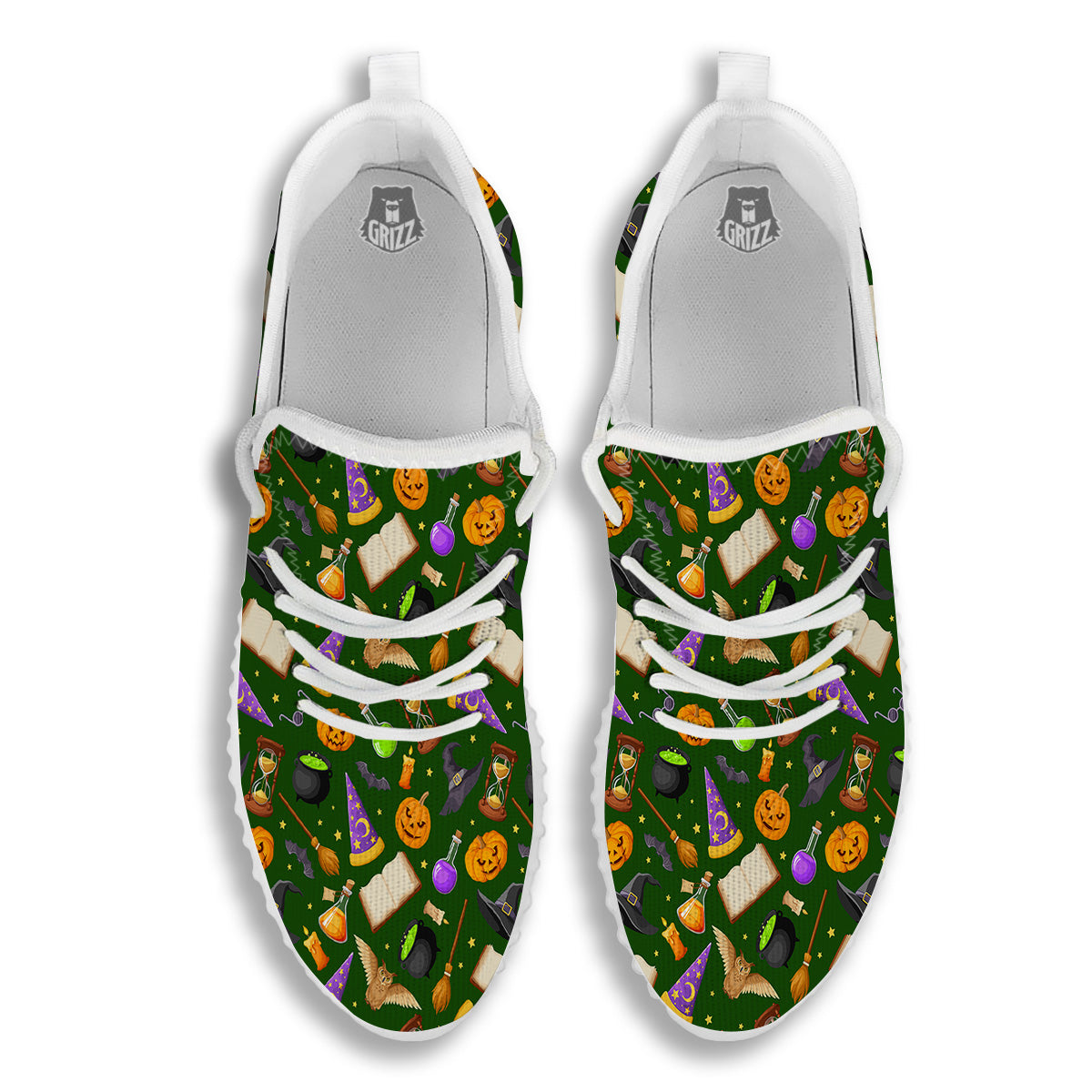Magical Symbols And Green Print Pattern White Walking Shoes-grizzshop