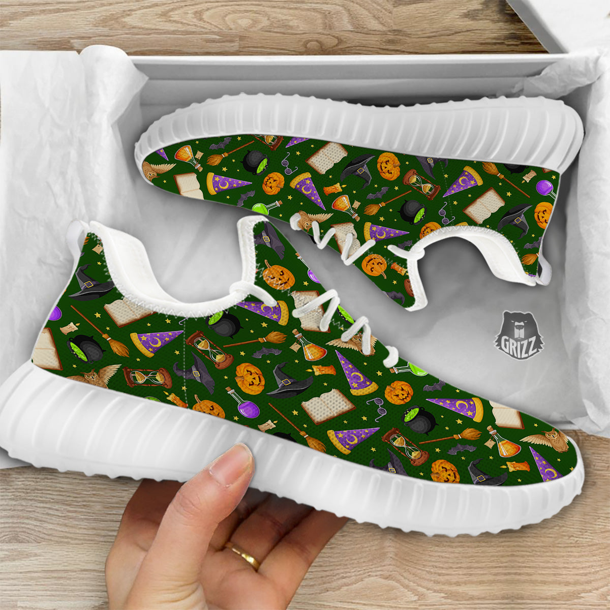 Magical Symbols And Green Print Pattern White Walking Shoes-grizzshop