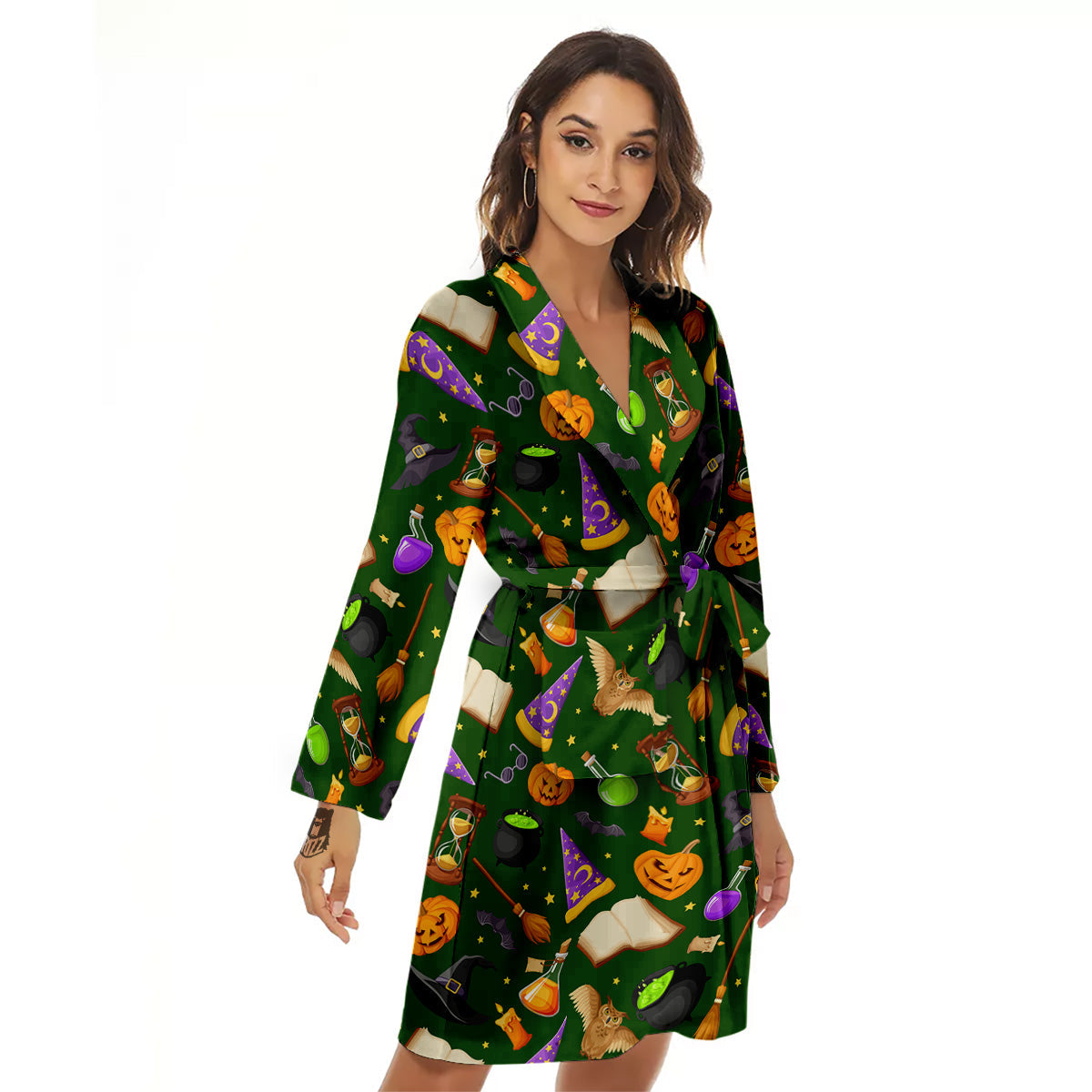 Magical Symbols And Green Print Pattern Women's Robe-grizzshop
