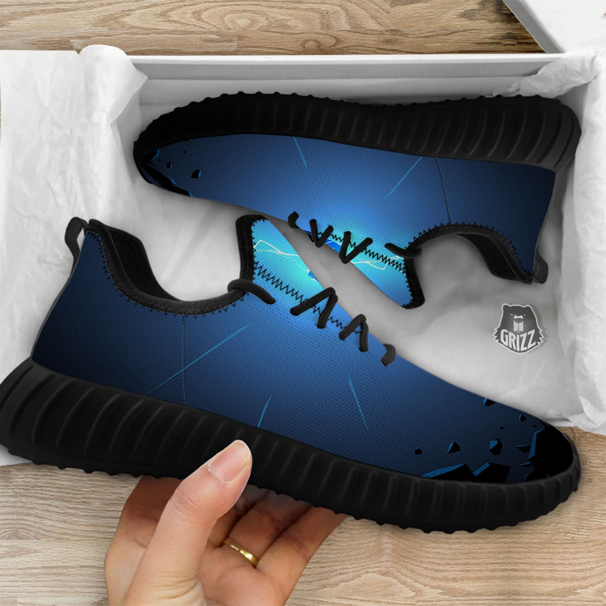 Man And Blue Lightning Print Black Walking Shoes-grizzshop
