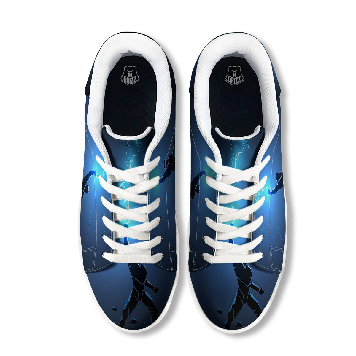 Man And Blue Lightning Print White Low Top Sneakers-grizzshop